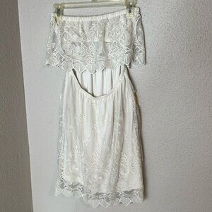 Express Bandeau Dress Ivory Lace Flounce Top Back Cut Out Mini Size XS